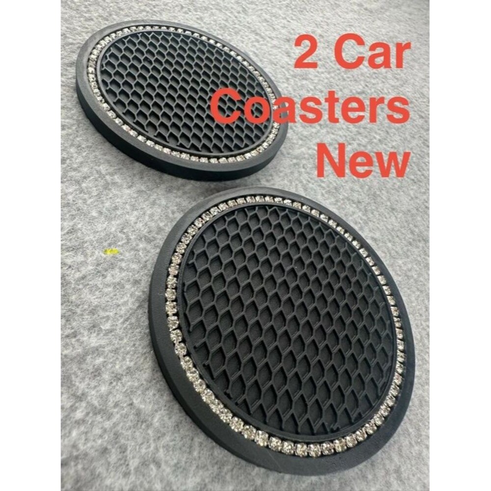 New 2 Car Cup Holder Coaster Pads Black Silicone Rhinestone Bling